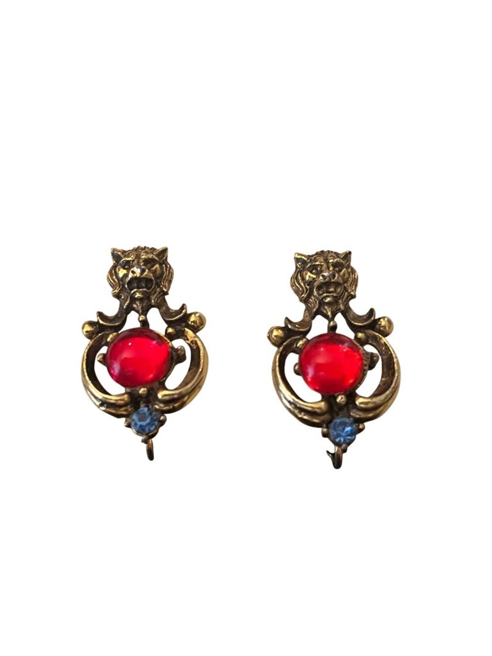 Vintage Gold-Tone Clip-On Earrings With Red & Blue Stones Lion Motif 1-1/2"